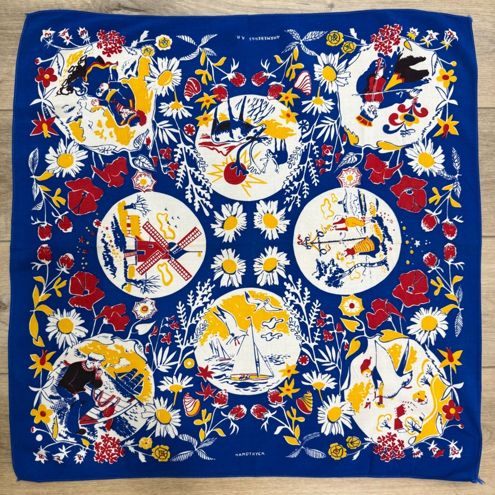 Vintage Swedish Bandanna Scarf Ahrnebergs AB Hand Printed Blue Folk Art 25"